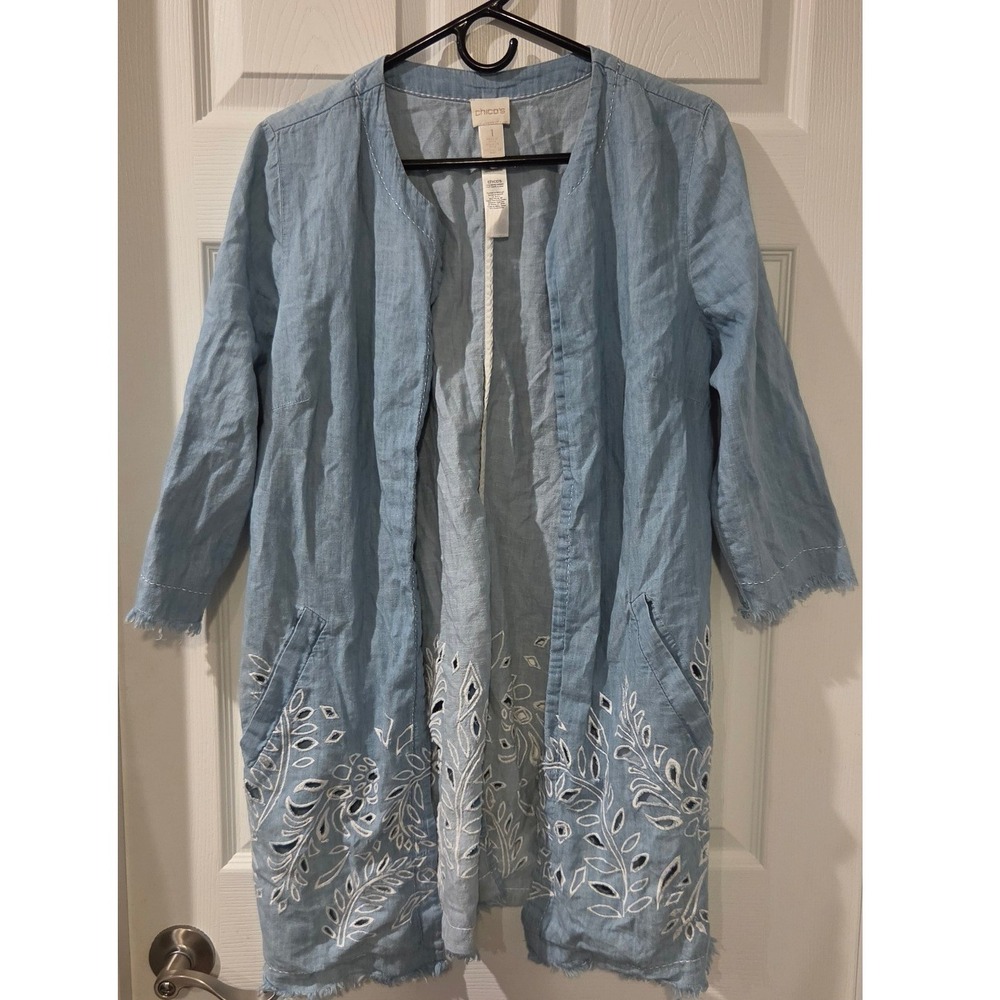 Chico's Indigo Eyelet Topper Jacket Size 1 M Chambray Embroidered Fringe Boho